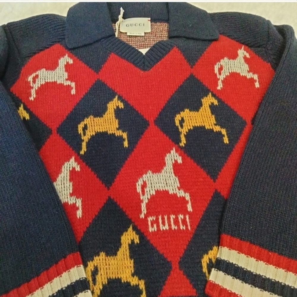 Gucci kids red blue argyle horse long sleeve polo wool sweater size 5 - Picture 2 of 12